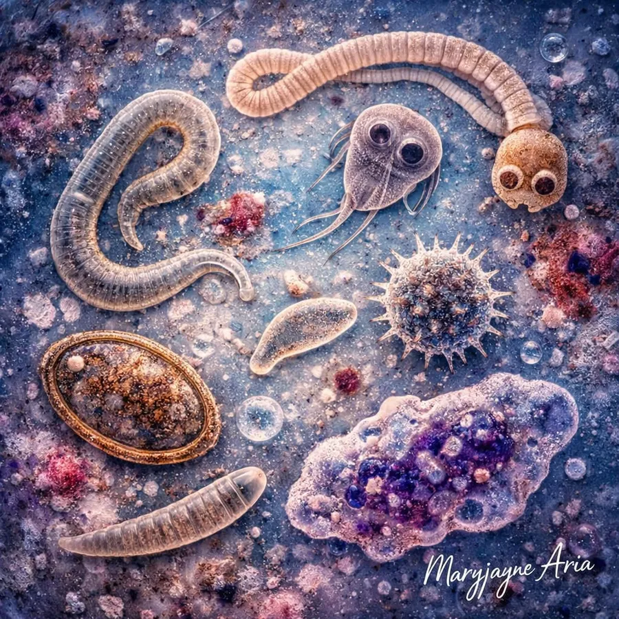 Parasites in humans seen under microscope