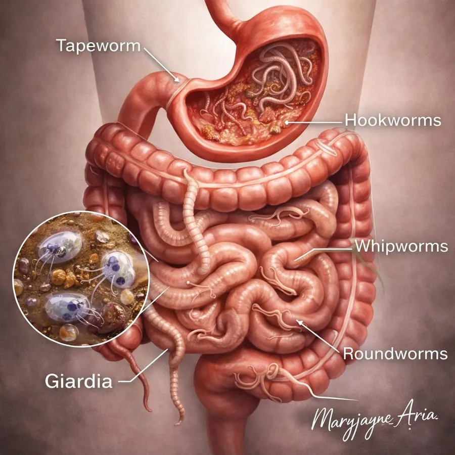 Parasites in humans seen under microscope
